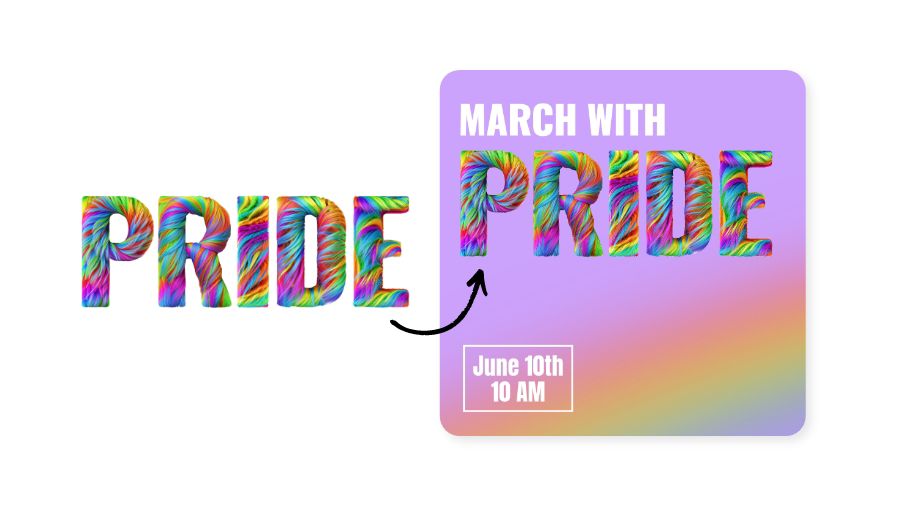 The word "pride" in a rainbow furry texture being added to a template in Adobe Express