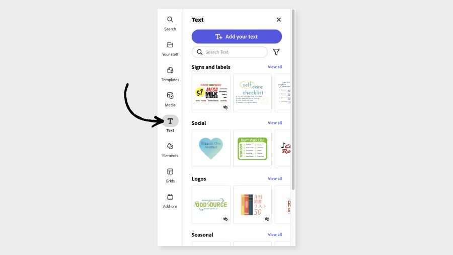 Cursor selecting "text" in the Adobe Express editor