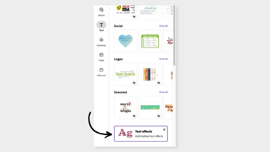 Cursor selecting "text effects" in the Adobe Express editor