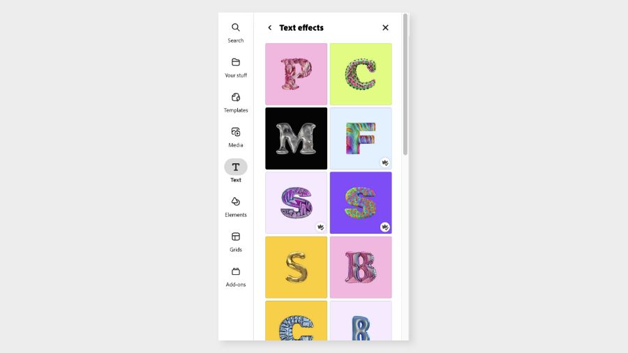 Pre-generated text effects examples in the Adobe Express editor