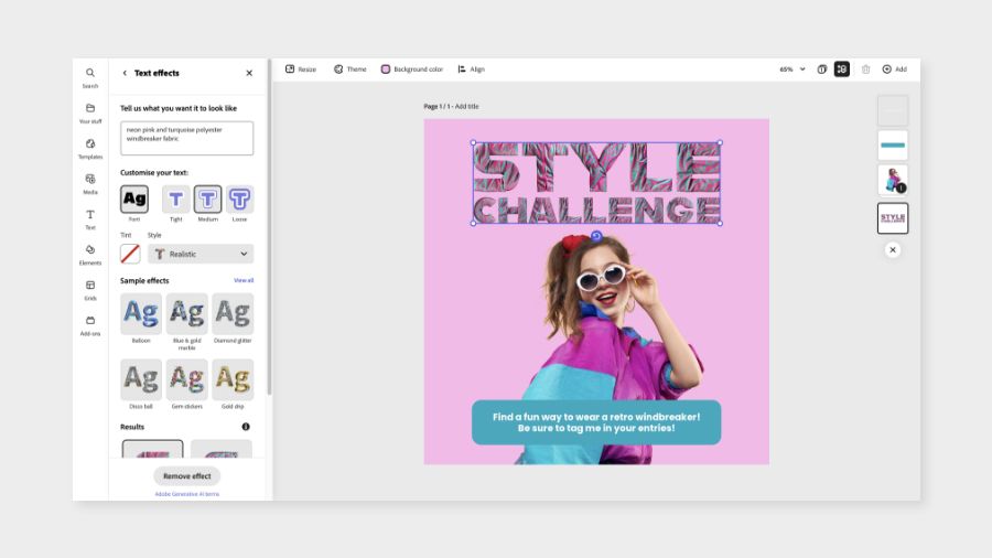 Text effect being applied to the words "style challenge" in the Adobe Express editor