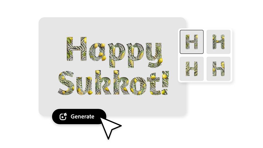 The Words “Happy Sukkot” being generated in Adobe Express with the textures of braided sage-colored palm fronds with lemons