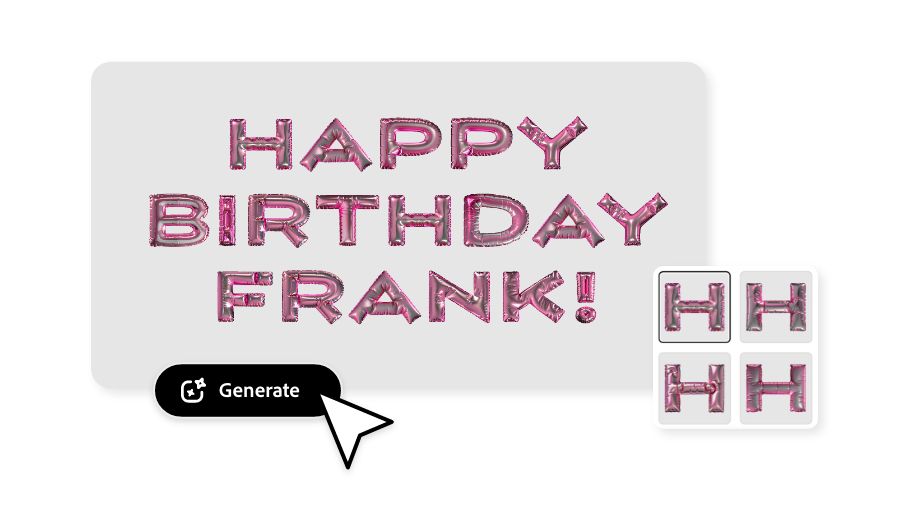 The words “Happy Birthday Frank” being generated with a pink balloon texture in Adobe Express