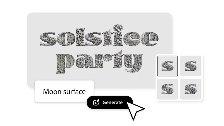 The words “solstice party” being generated with the texture of the moon in Adobe Express