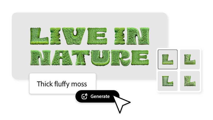 The words "Live in Nature" being generated in a mossy texture in Adobe Express