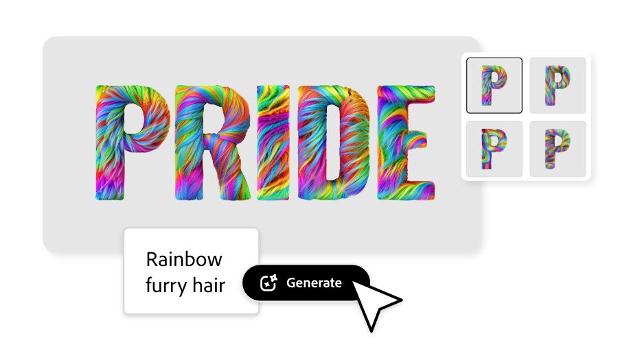 The word "pride" being generated in a rainbow furry texture in Adobe Express