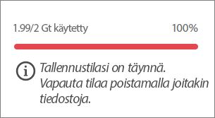 Kun tallennustilasta on käytetty 100 prosenttia