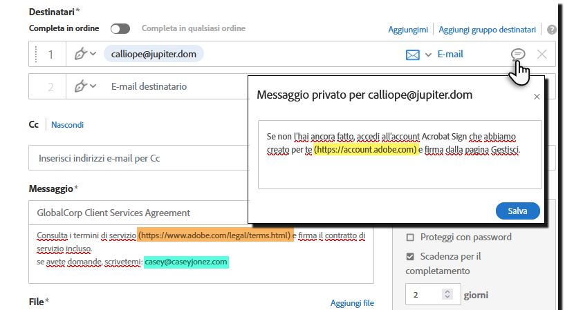 Campi messaggio configurati