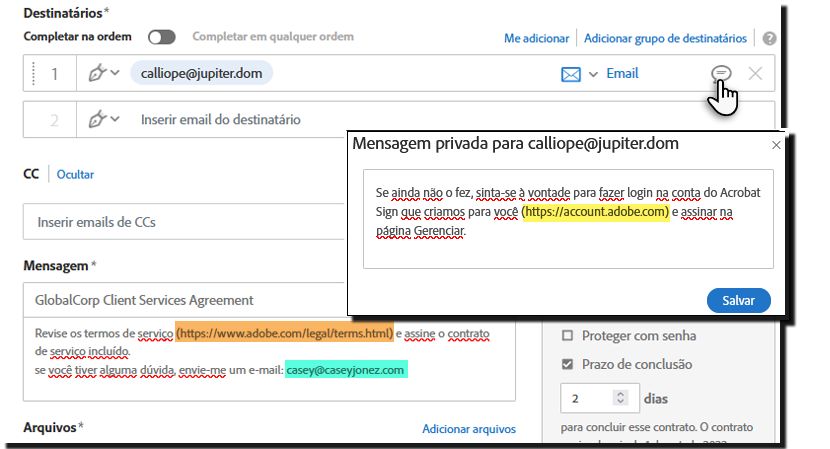 Campos de mensagem configurados
