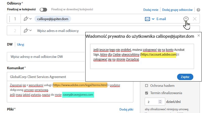 Skonfigurowane pola komunikatów