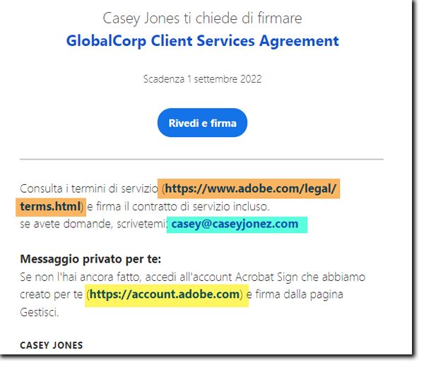 Collegamenti nell’e-mail inviata al destinatario