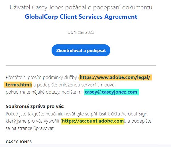 Odkazy v emailu doručeném příjemci