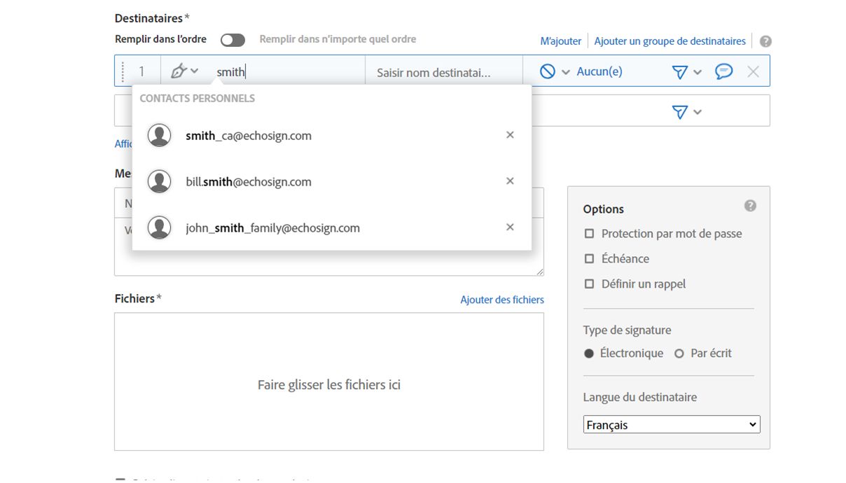 Exemple d’une partie d’adresse e-mail saisie dans un champ de destinataire affichant la correspondance d’adresse au milieu de la chaîne.