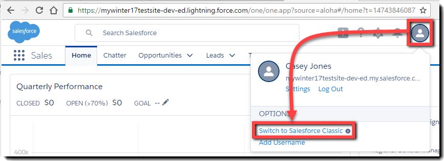 Selezione dell’immagine del profilo in alto a destra e della voce Passa a Salesforce Classic