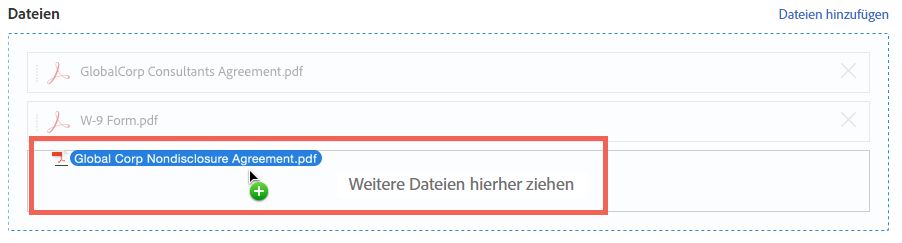 Ziehen Sie die Dateien per Drag & Drop von Ihrem Computer in den Bereich „Weitere Dateien hierher ziehen“.