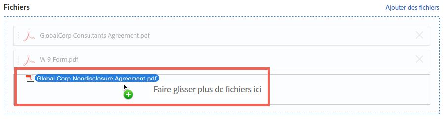 Effectuez un glisser-déposer des fichiers de votre ordinateur vers la zone Faites glisser plus de fichiers ici.