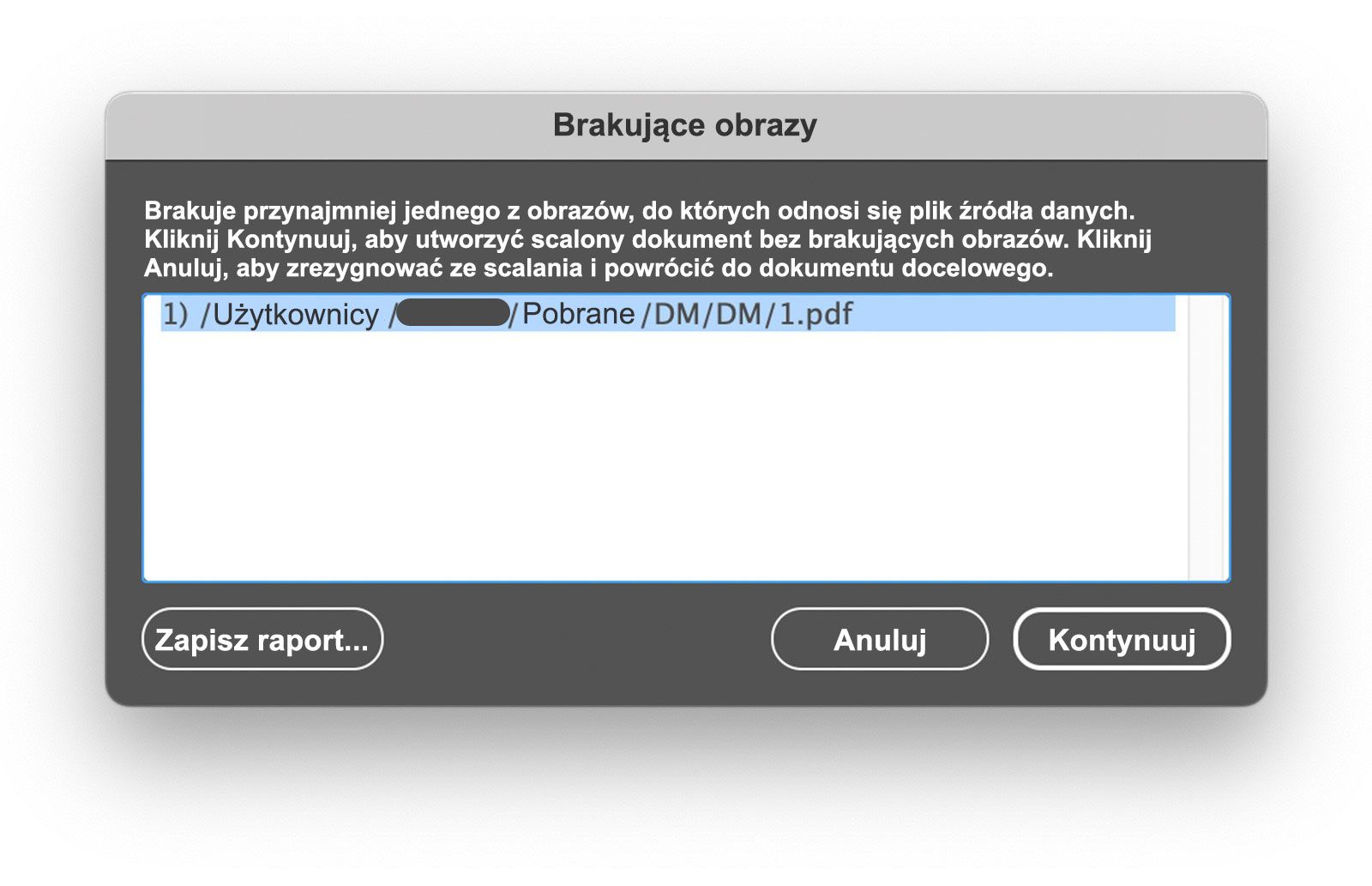 Zrzut ekranu błędu podczas scalania plików z plikiem PDF w systemie macOS.