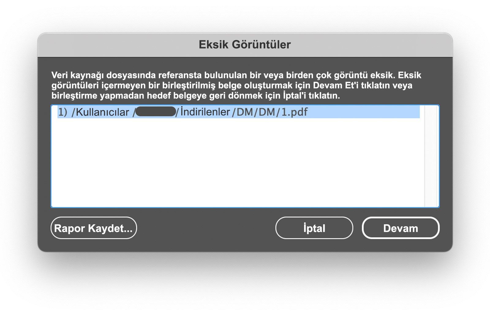 macOS'te dosyaları PDF olarak birleştirirken oluşan hatanın ekran görüntüsü.