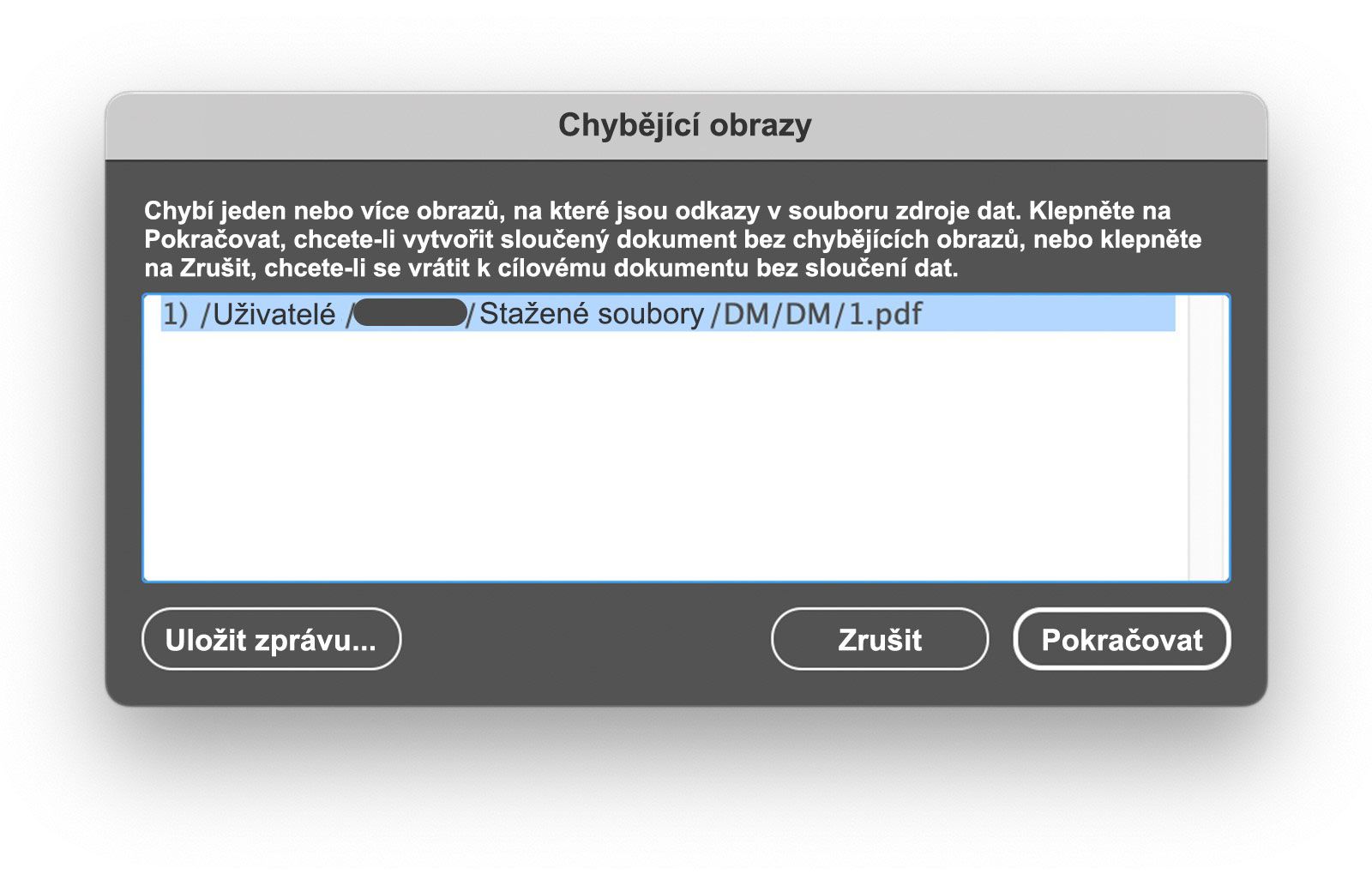 Snímek chyby při sloučení souborů s PDF v systému macOS.