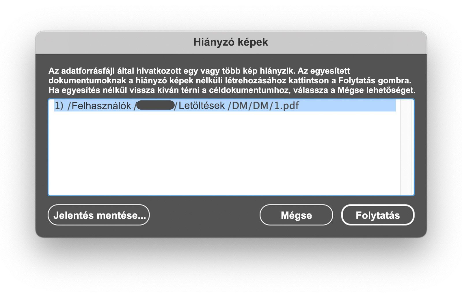 A hiba képernyőképe a fájlok PDF-fel való egyesítése során macOS rendszeren.