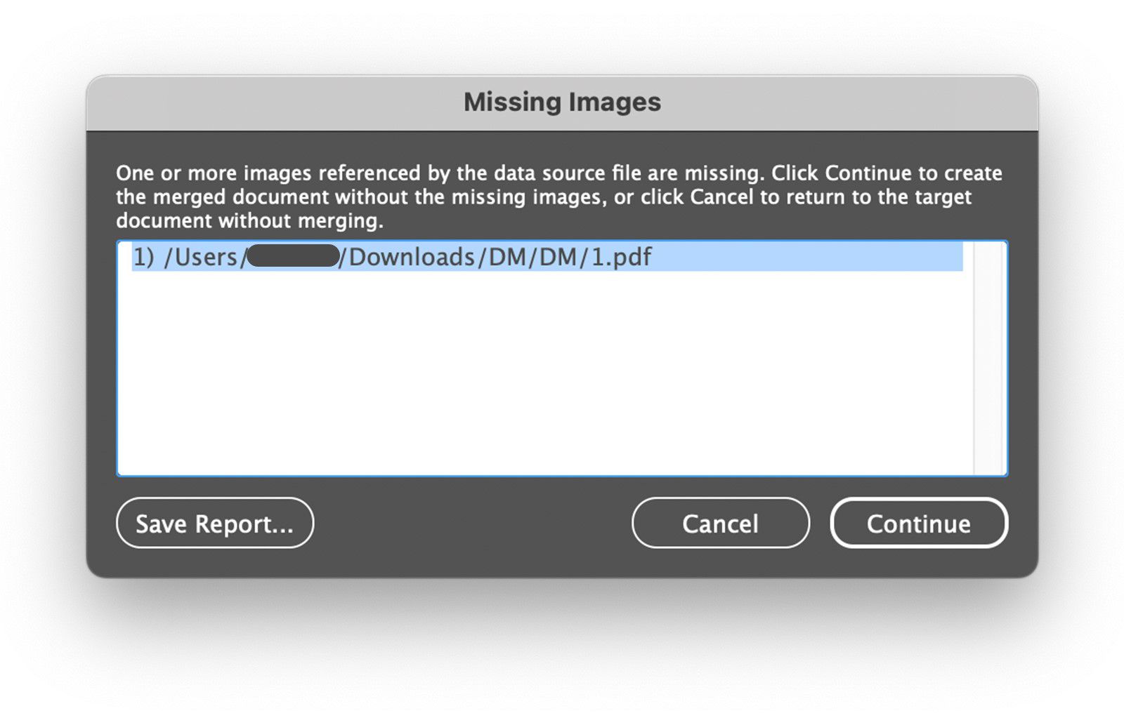 Näyttökuva virheestä, kun tiedostoja yhdistetään PDF-tiedostoon macOS:ssä.