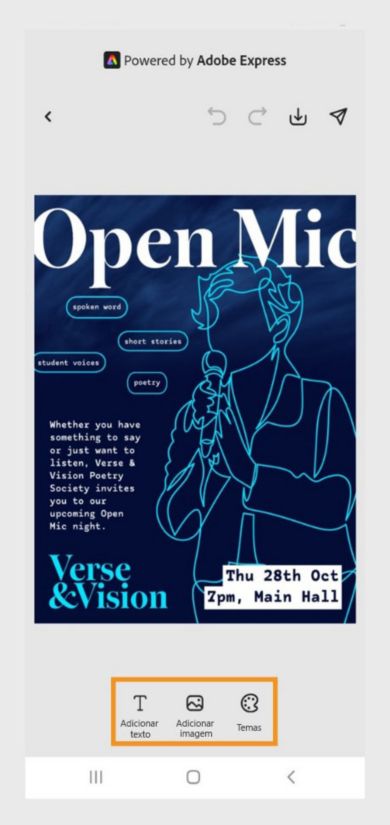 1Modelo do Adobe Express no Acrobat para Android, mostrando as opções de adicionar textos e imagens, e de aplicar temas.