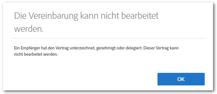 Die Nachricht „Die Vereinbarung kann nicht bearbeitet werden.“