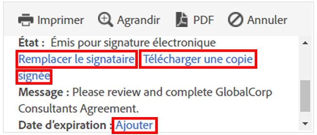 Liens Remplacer le signataire et Télécharger une copie dans les métadonnées de transaction.