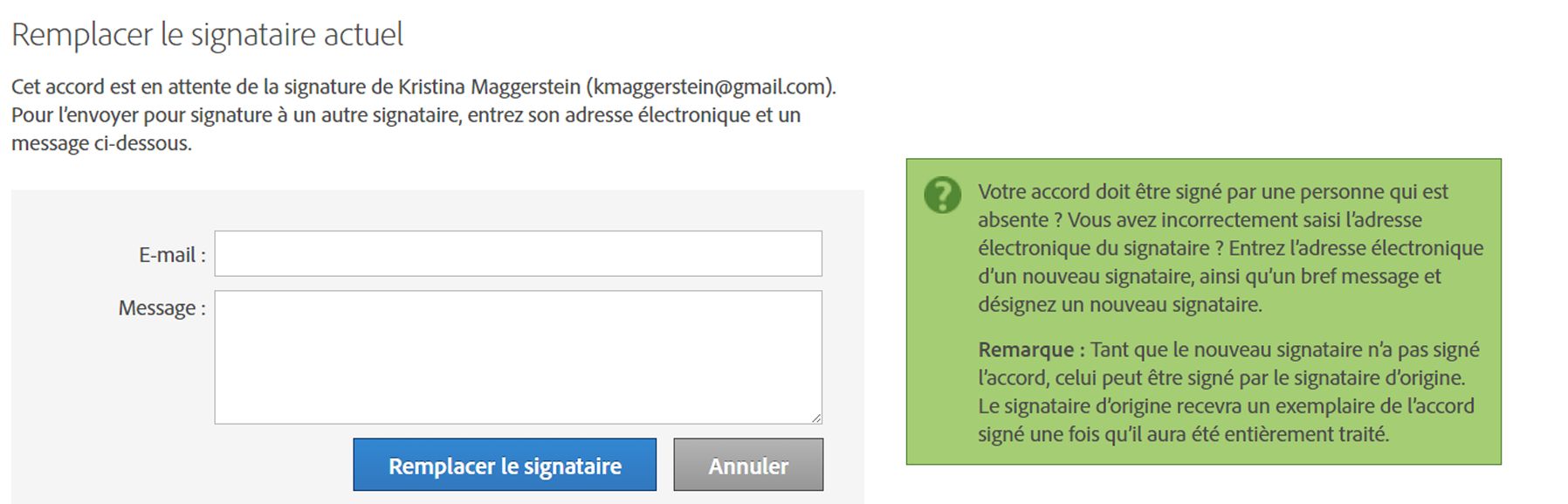 Interface de Remplacer le signataire actuel