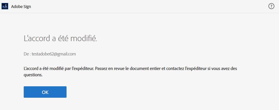 Message de notification indiquant que l’accord a été modifié.