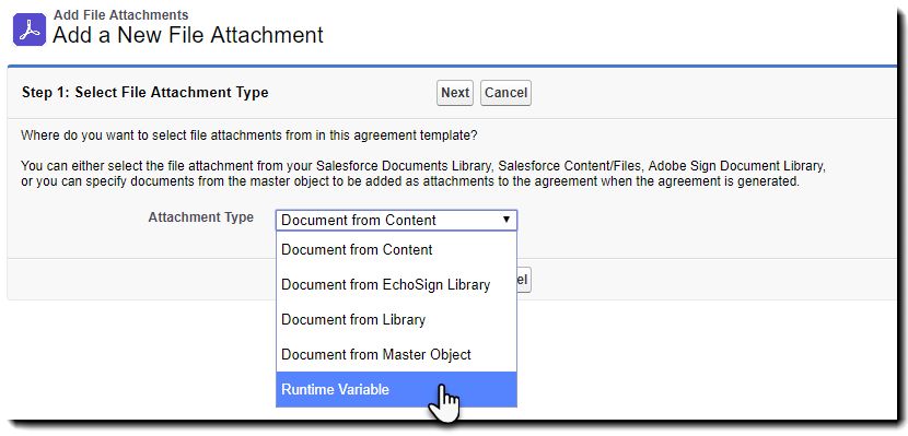 Sélection du type de fichier en pièce jointe
