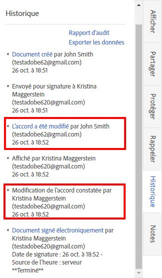 Liste des événements Adobe Sign