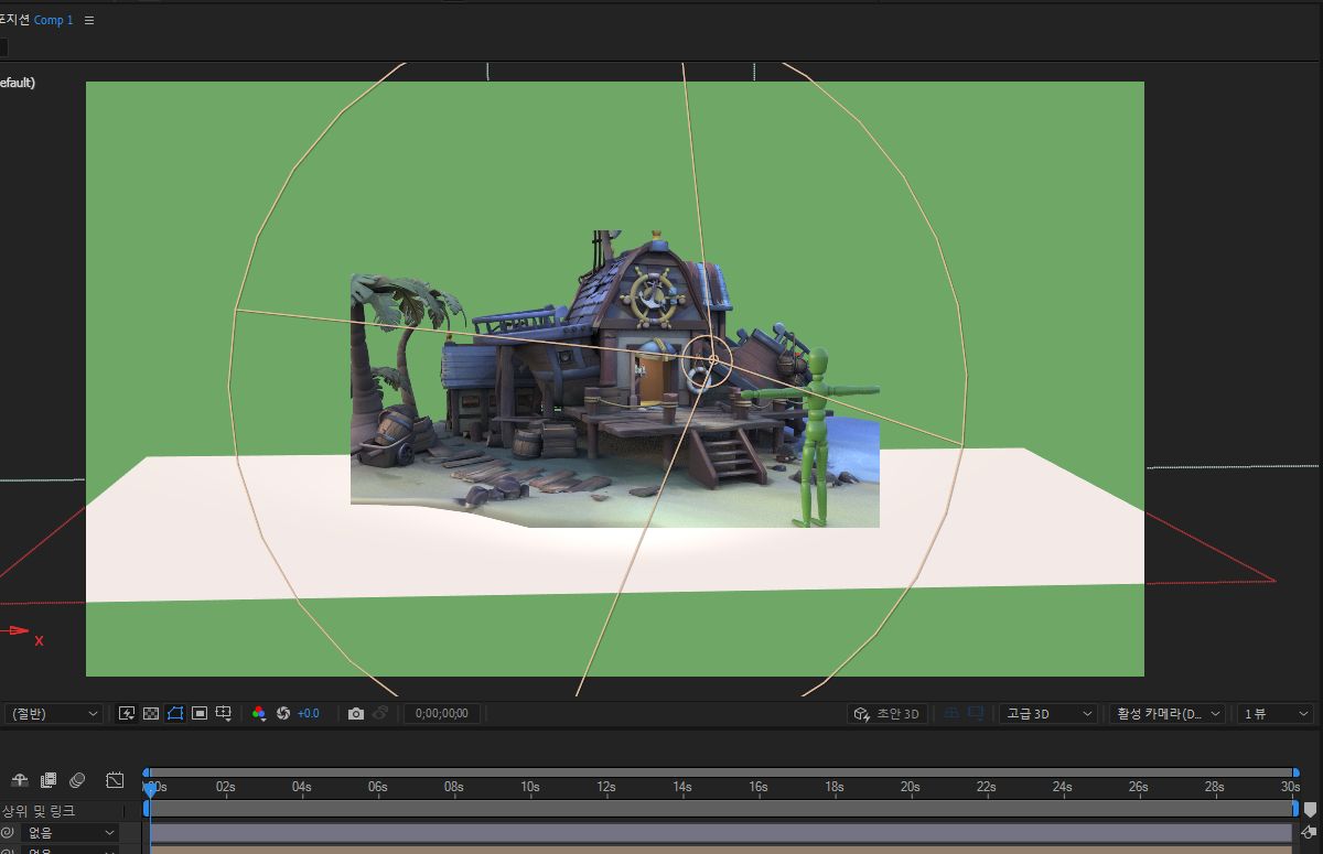 컴포지션 패널에 2D 및 3D 요소가 모두 있고, 단일 컴포지션 내에서 2D와 3D 요소를 매끄럽게 결합하는 After Effects 기능이 표시됩니다.