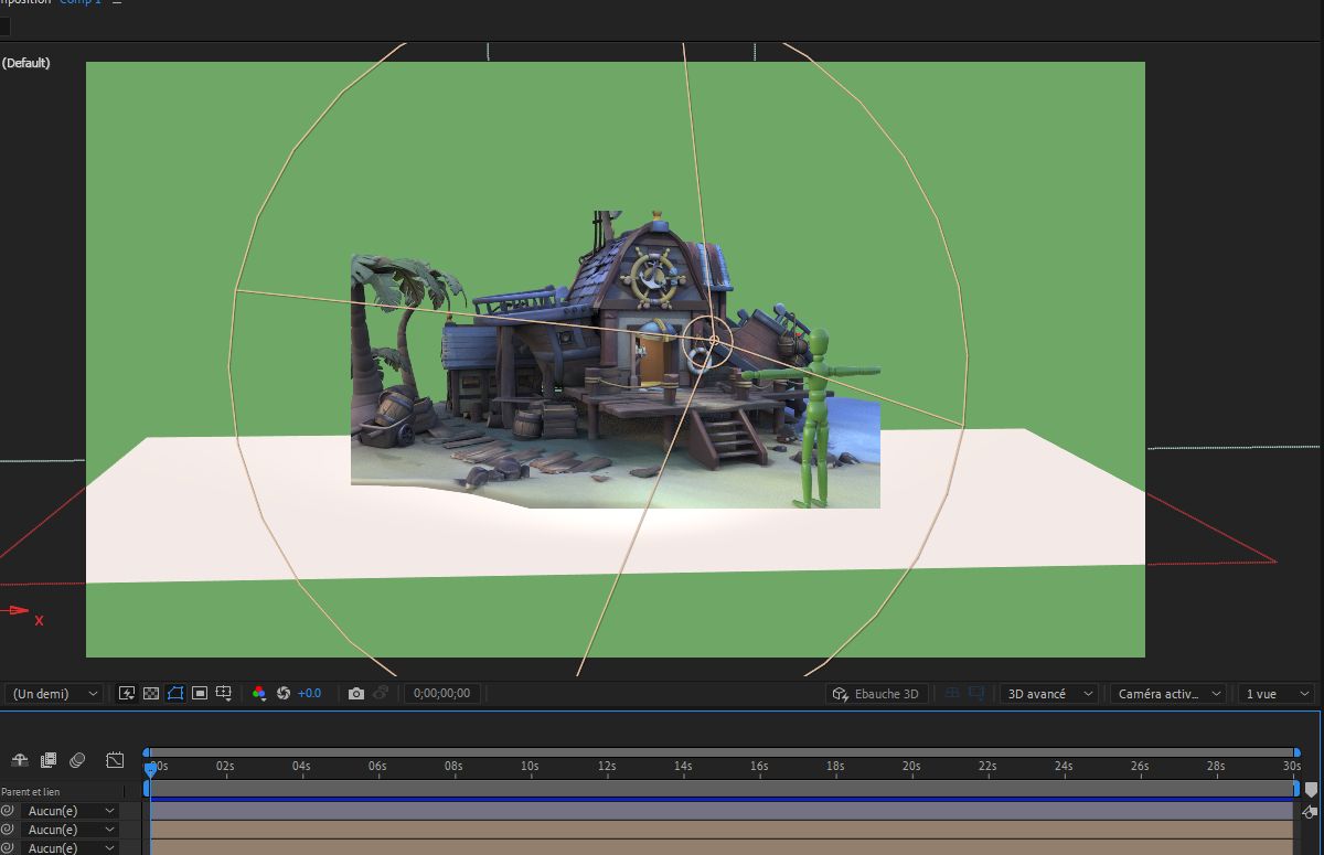 Le panneau Composition contient des éléments 2D et 3D et permet à After Effects de combiner facilement des éléments 2D et 3D au sein d’une même composition.