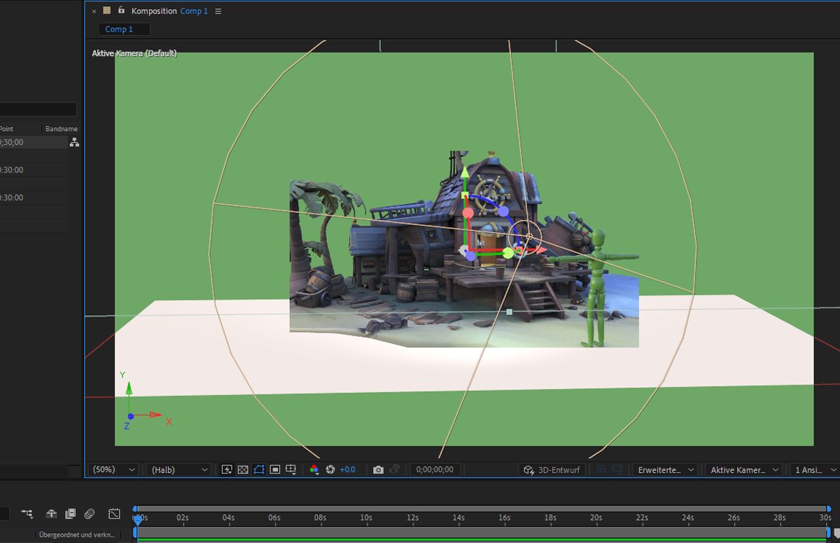 Das Bedienfeld „Komposition“ enthält sowohl 2D- als auch 3D-Elemente und zeigt, wie After Effects die nahtlose Kombination von 2D- und 3D-Elementen in einer Komposition ermöglicht.