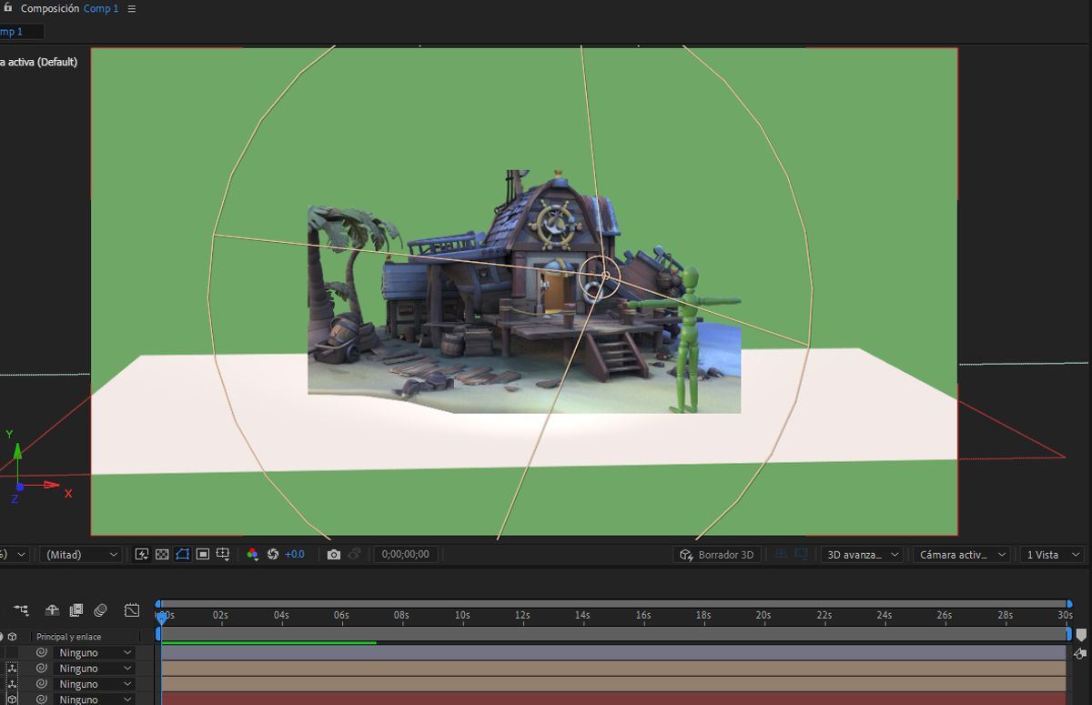 El panel Composición tiene elementos 2D y 3D y muestra la capacidad de After Effects para combinar elementos 2D y 3D en una sola composición.