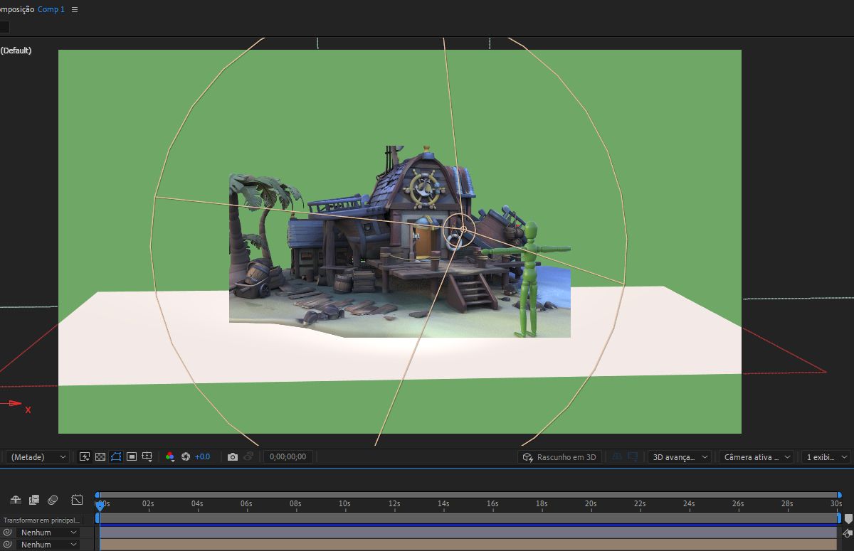 O painel Composição tem elementos 2D e 3D e mostra a capacidade do After Effects de combinar facilmente elementos 2D e 3D em uma única composição.
