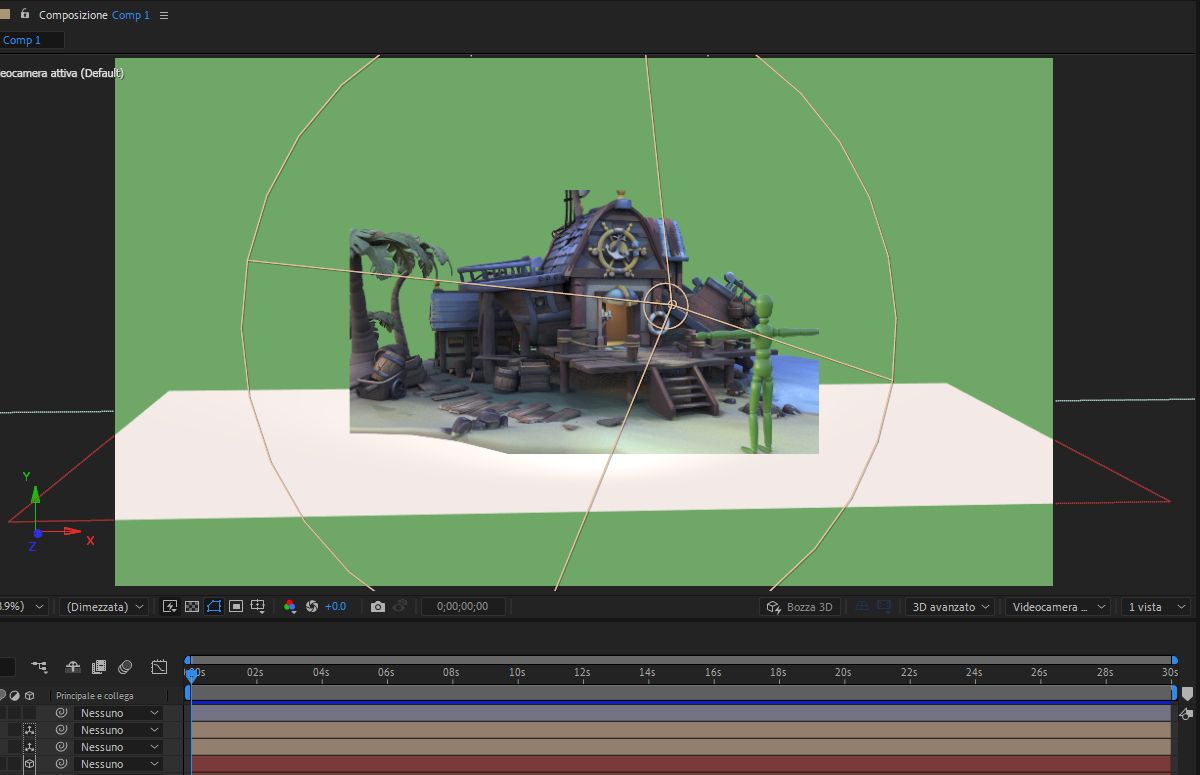 Il pannello Composizione contiene sia elementi 2D che 3D e mostra la capacità di After Effects di combinare direttamente elementi 2D e 3D in un’unica composizione.