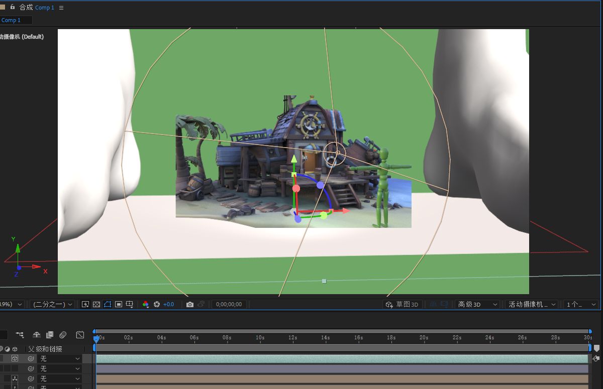 “合成”面板包含 2D 和 3D 元素，并显示了 After Effects 在单个合成中无缝组合 2D 和 3D 元素的功能。