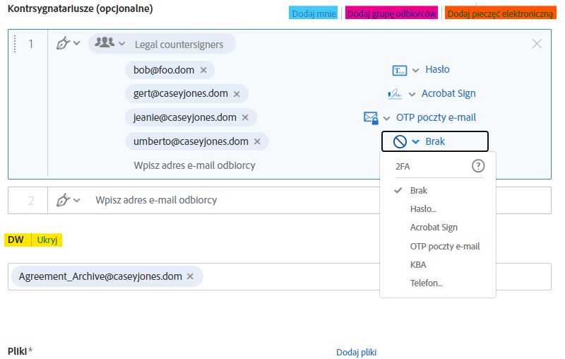 Sekcja kontrsygnatariusza na stronie formularzy internetowych z ujawnionymi metodami uwierzytelniania