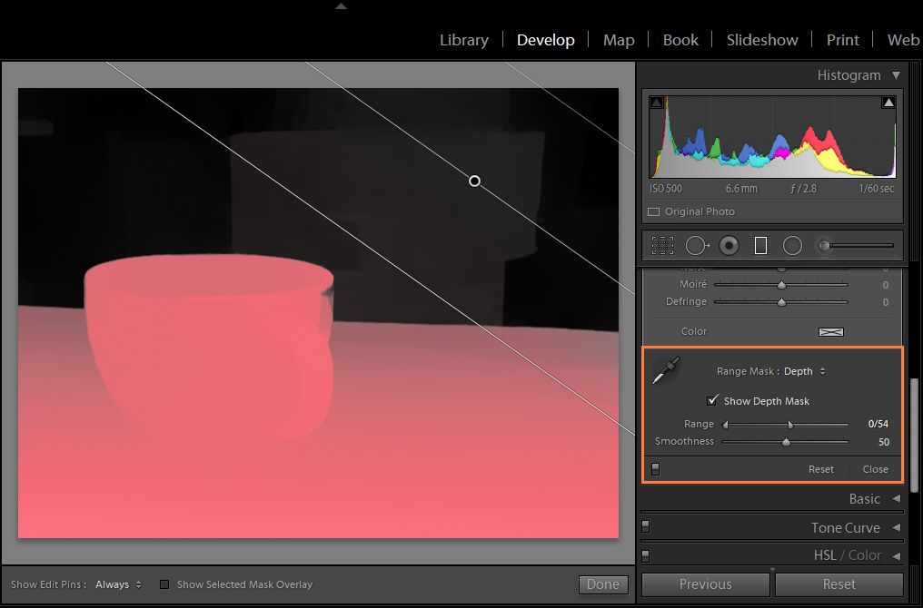 Wybór opcji Pokaż maskę głębi, aby zwizualizować maskę głębi