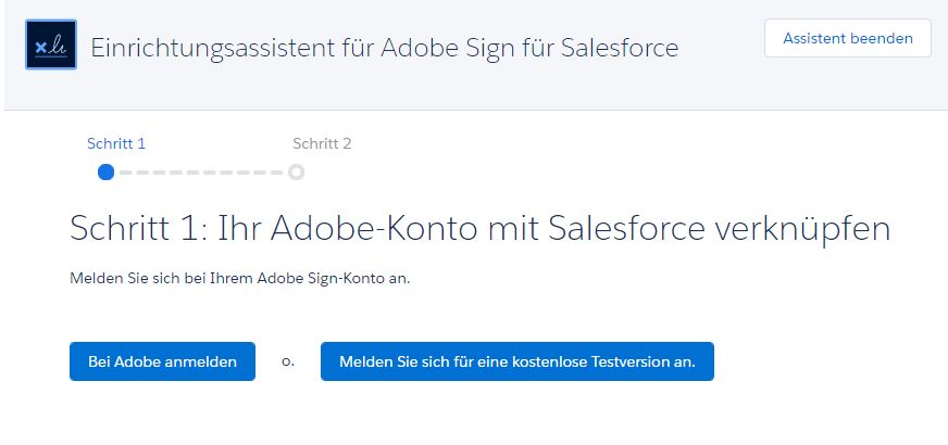 Der verbesserte Einrichtungsassistent verknüpft Ihr Adobe Sign-Konto mit Ihrem Salesforce-Konto.