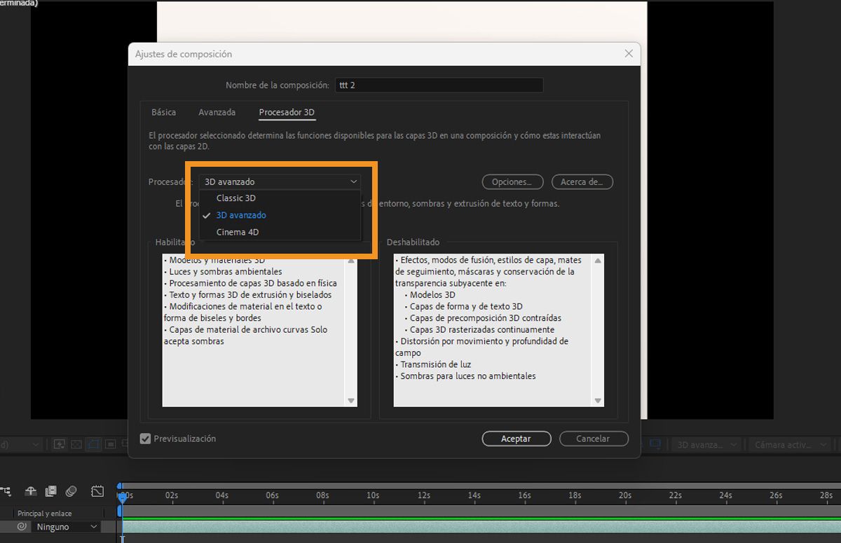  Cuadro de diálogo Ajustes de composición de Adobe After Effects que resalta las opciones del procesador 3D: 3D clásico, 3D avanzado y Cinema 4D.