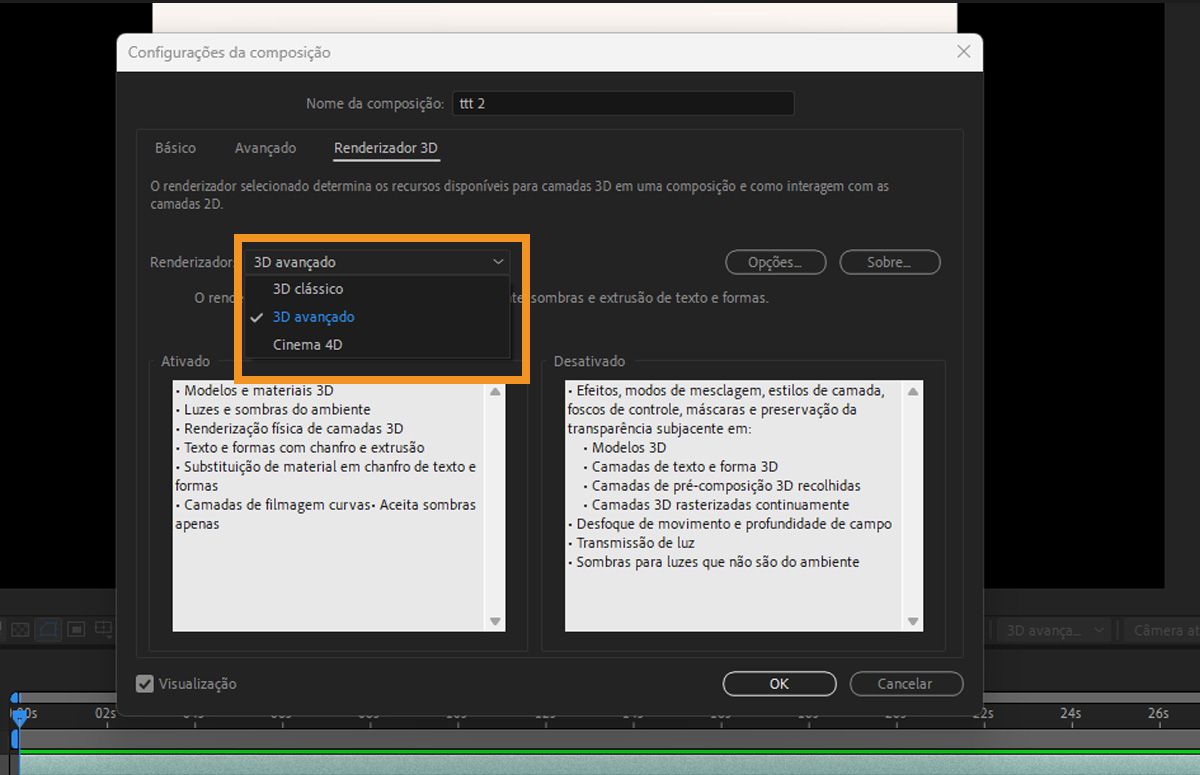  A caixa de diálogo “Configurações da composição” no Adobe After Effects destaca as opções do renderizador 3D: 3D clássico, 3D avançado e Cinema 4D.