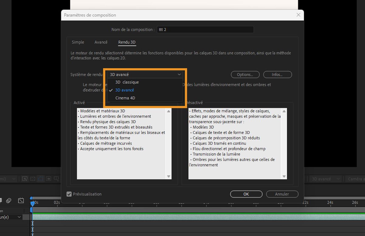  Boîte de dialogue Paramètres de composition dans Adobe After Effects qui met en avant les options du moteur de rendu 3D : 3D classique, 3D avancé et Cinema 4D.