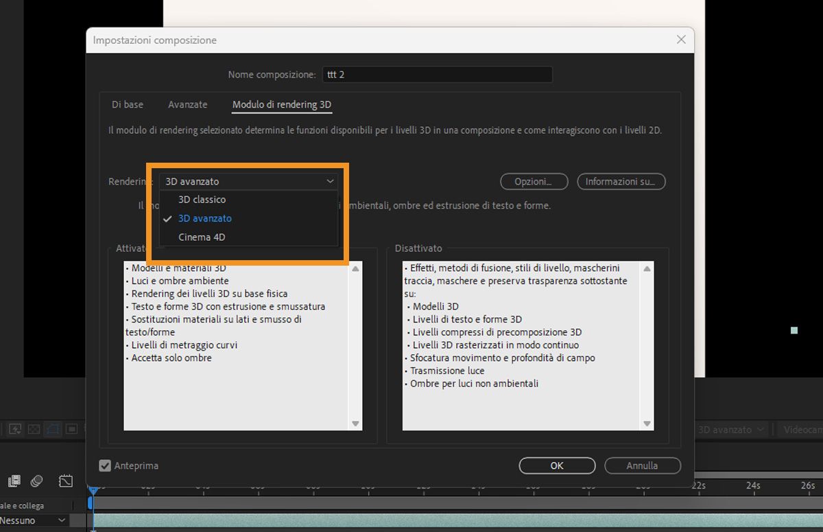  Finestra di dialogo Impostazioni composizione in Adobe After Effects che evidenzia le opzioni del modulo di rendering 3D: 3D classico, 3D avanzato e Cinema 4D.