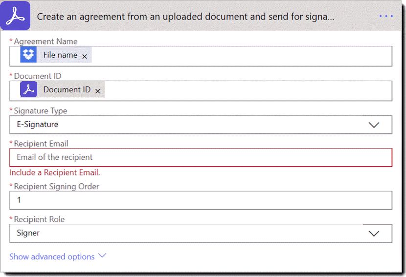 Azione: Crea un accordo da un documento caricato e invialo per la firma