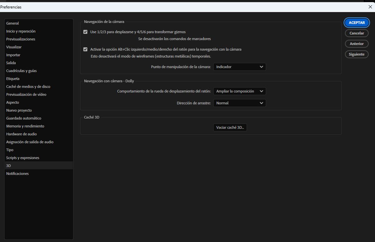 El cuadro de diálogo de preferencias 3D está abierto y contiene la lista de los ajustes relacionados con 3D.