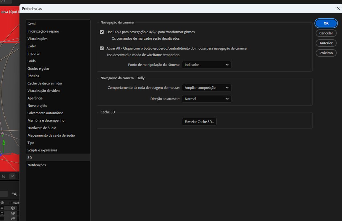 A caixa de diálogo Preferências 3D aberta e exibindo configurações para recursos 3D.