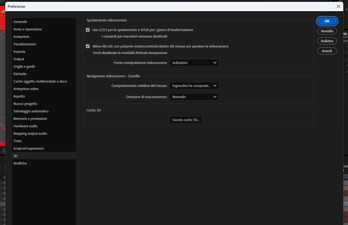 La finestra di dialogo delle preferenze 3D è aperta e sono elencate le relative impostazioni.